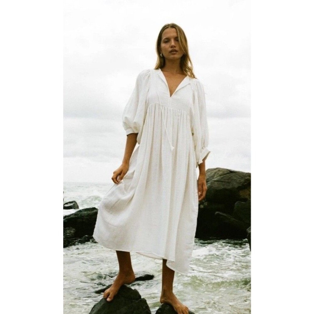 Daughters of India Kyra White Gauze Midi Dress Balloon Sleeve Size L